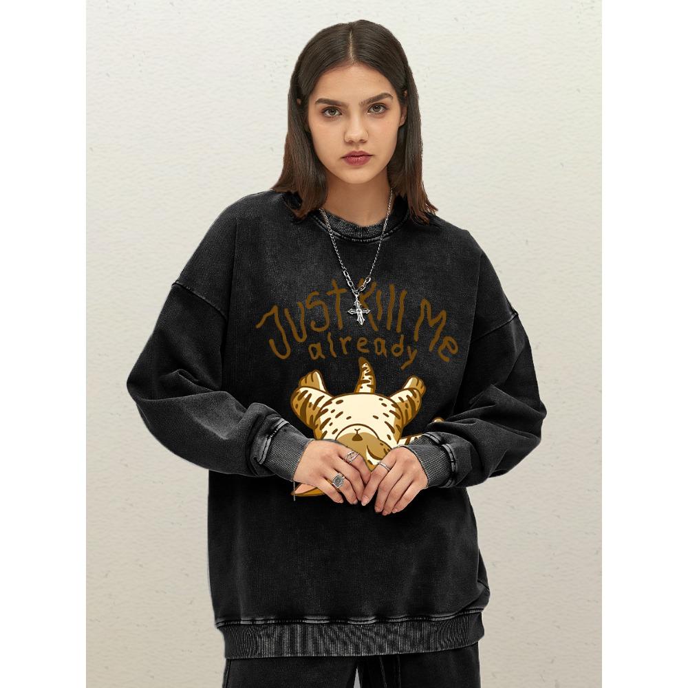 Just Kill Me Already Cartoon Cat Pattern Womens Washed Sweatshirts Autumn Comfortable Clothing Cotton Oversized Woman