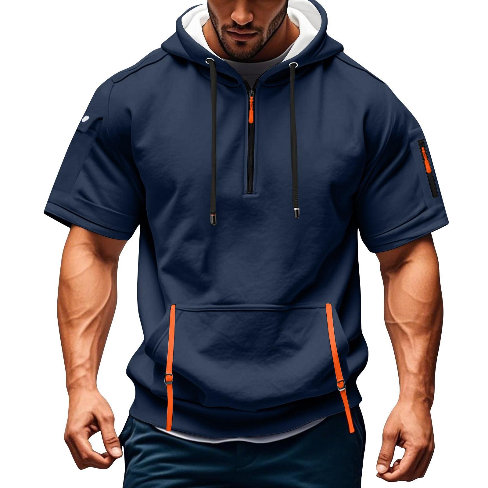 Blackrose Heren Zomer Shirt Ritszak Korte Mouw Hoodie Heren Sport Grote Maat Casual Sweatshirt XL Vloot