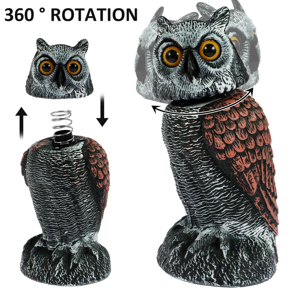 Owl Scare Bird Control Devices 360° Rotating Head Waterproof Eye Flash Garden Decorations Sculptures and Statuettes