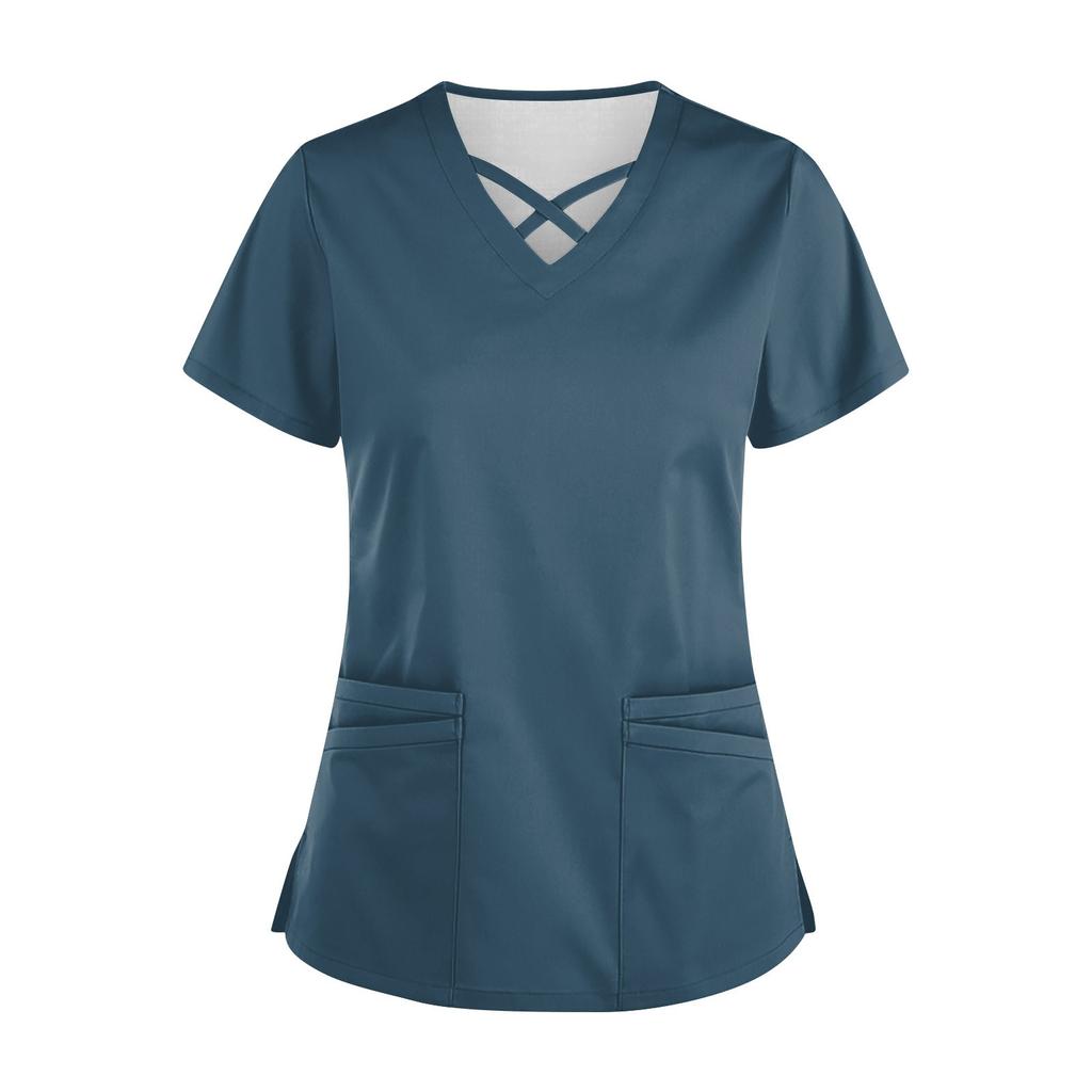 Women’s Short Sleeve V Neck Scrub Top with Cross Neckline and Two Front Pockets for Uniforms