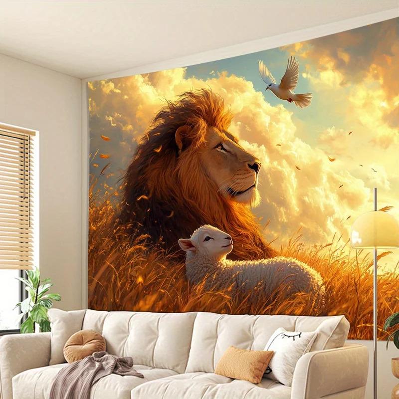 VIKAMA Lion and Lamb Tapestry Healing Series Peace Theme Background Cloth Warm Natural Wind Living Room Decoration