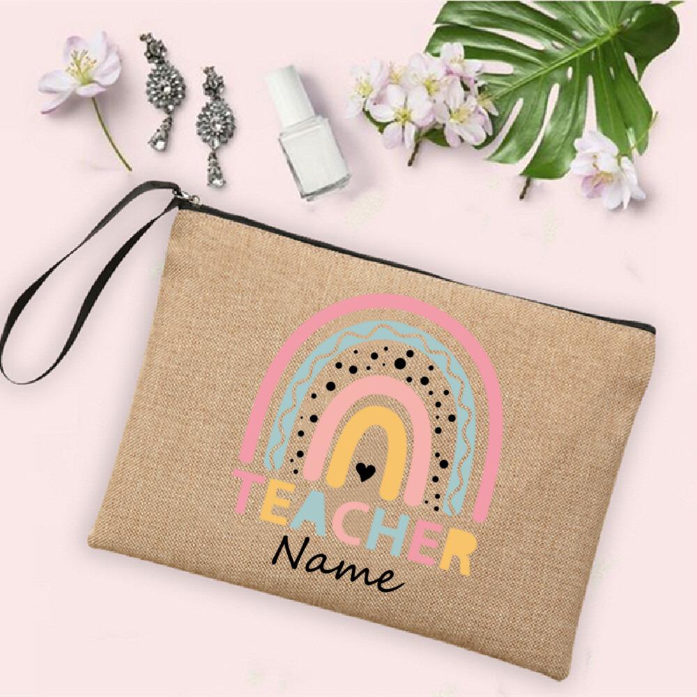 Rainbow Teacher Pencil Case Personalized Custom Name Linen Stationery Supplies Storage Bags Travel Neceser Makeup Bag Best Gifts
