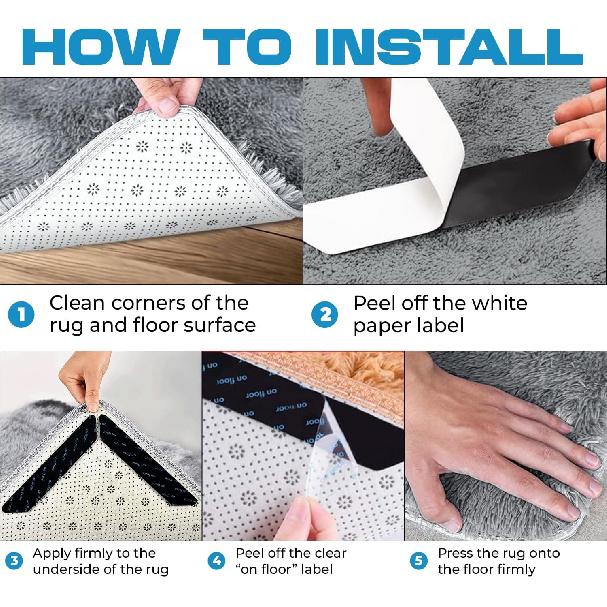 16-Pack Gripper for Rug for Hardwood Floors and Tiles: Double-Sided Reble Rug Carpet Tape. Anti-Slip Tape Grips Area Rugs, Non-Slip Rug Pads Prevent