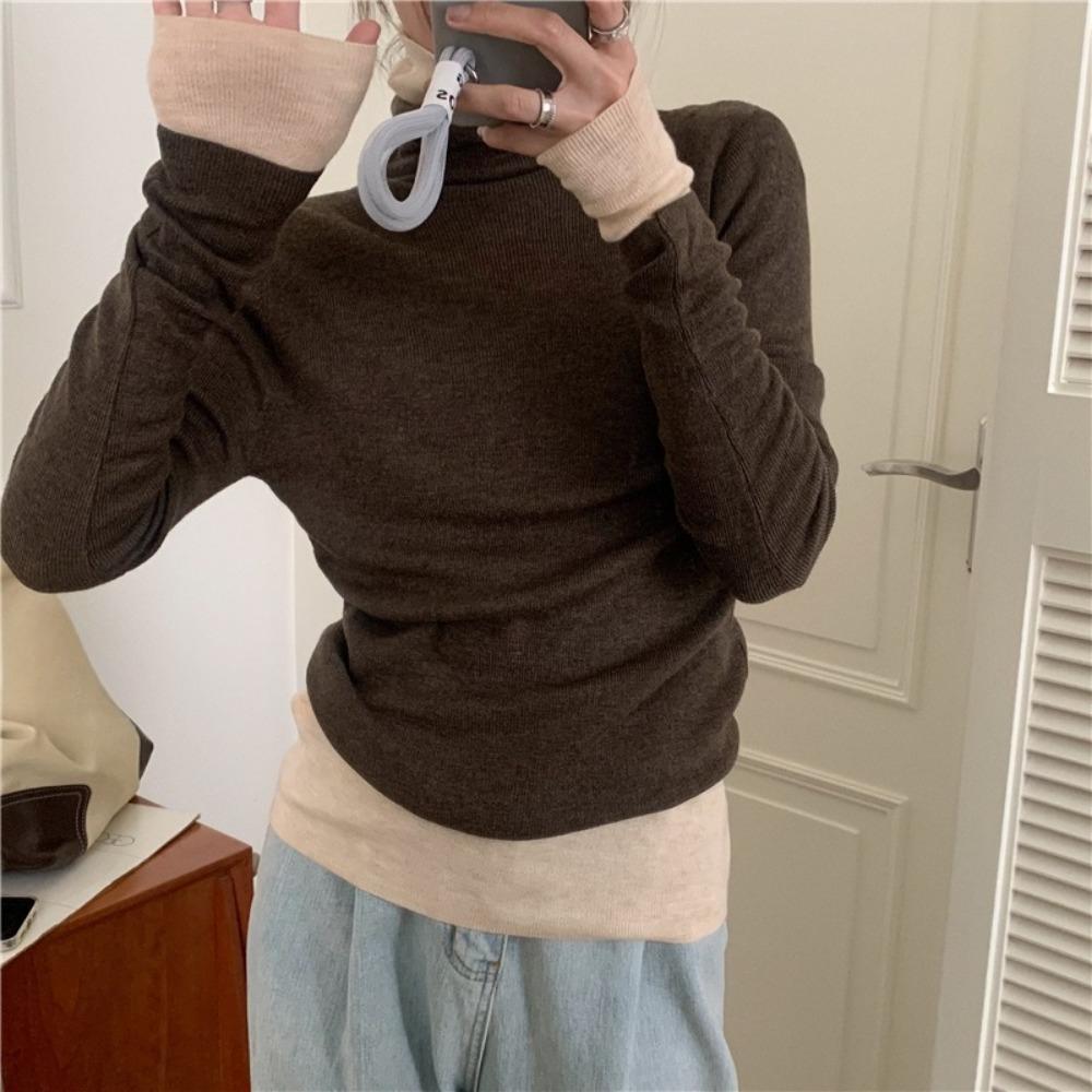 Piled Collar Solid Color All-match Knitted Sweater Women's Autumn and Winter Western-style Slim-fit Coat Inner Knitted Base Shirt