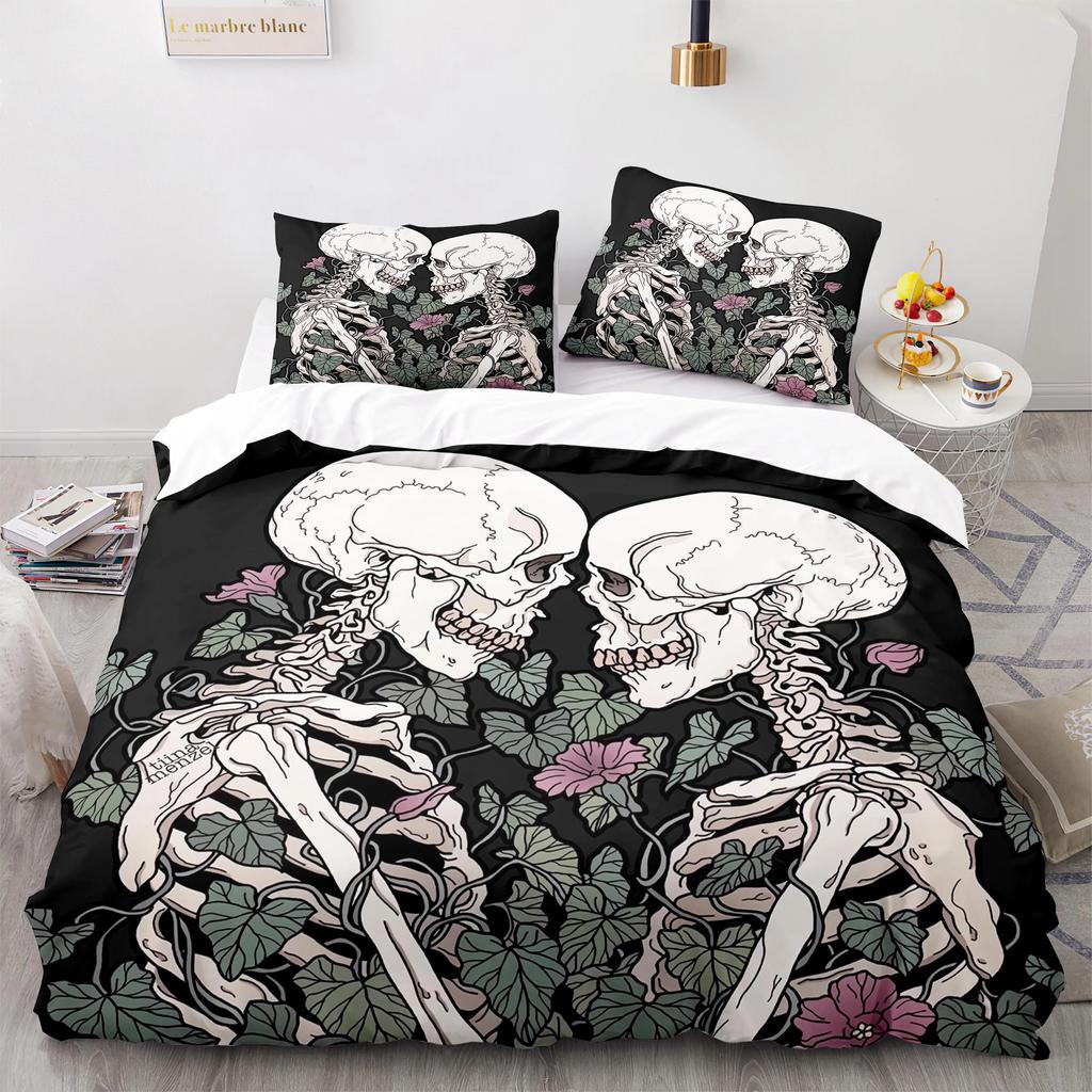 Skull King Queen Bettbezug Gothic Skelett Bettwäsche Set für Erwachsene Jugendliche Personalisiert Halloween Knochen Polyester Steppdeckenbezug