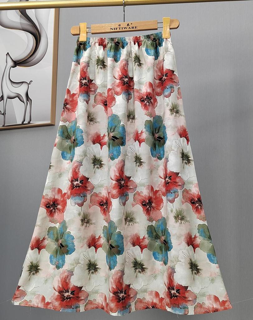 Γυναικεία καλοκαιρινή φαρδιά φούστα από βαμβακερή μεταξωτή - Plus μέγεθος, φιλική προς τη μητρότητα, Leisure Style Νοτιοανατολικής Ασίας