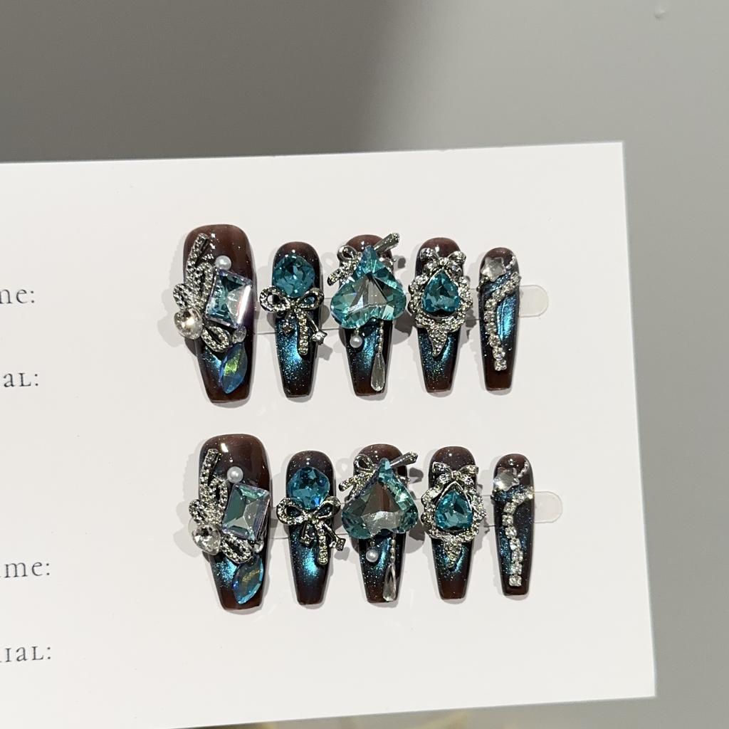 Medium Coffin Press on Nails Square Fake Nails French Tip Glue on Nail with 3D Designs Reusable False Acrylic Nails Full Cover Stick on Nail for Women