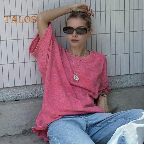 Damen T-Shirt Rundhals Kurzarm Loose Fit T-Shirt Einfarbig Washed Distressed Retro Pullover Tops Streetwear