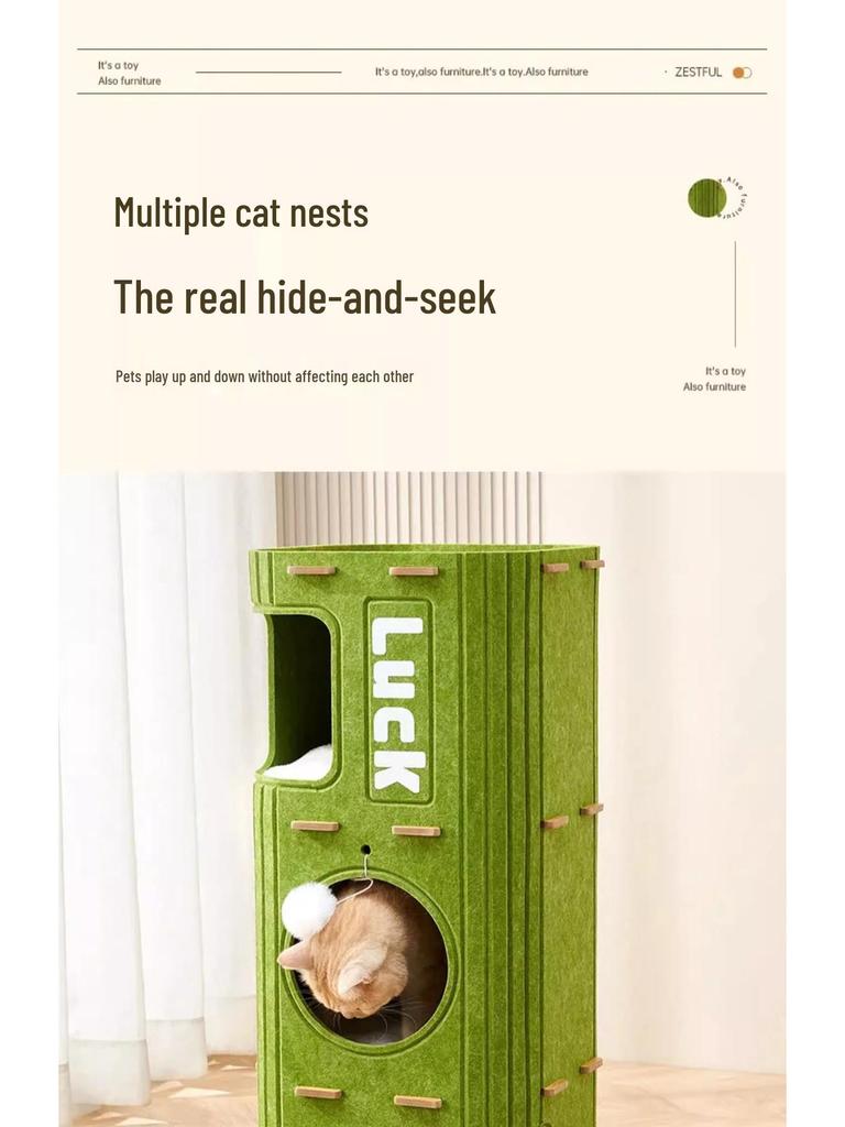 Waterwood Space-Saving Cat Climbing Frame: Felt Barrel Nest with Three Layers and Tree Hole for Big Cats