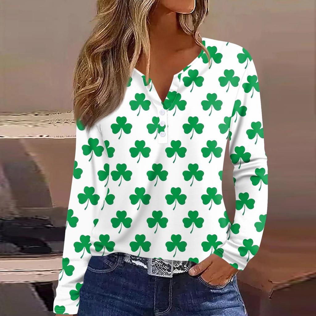 Women's Fashion Casual Printed V-neck Long Sleeve Button Up T-shirt Top