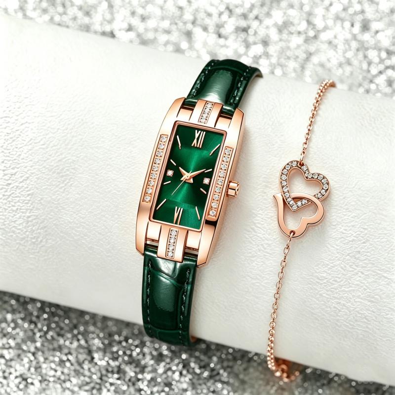 שעונים אלגנטיים אופנה מלבני נשים שעון קוורץ ירוק חוגה פשוטה עור יוקרה מתנות נשים שעונים