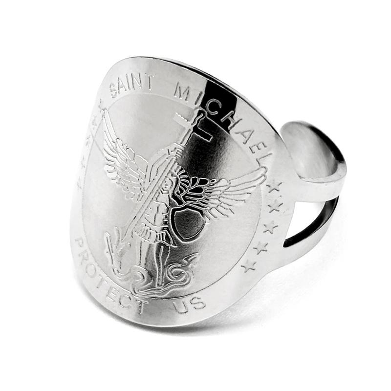 Saint Michael Protect Us Rings for Women Men Stainless Steel Gold Silver Color Protection Amulet Ring Jewelry anillos grandes