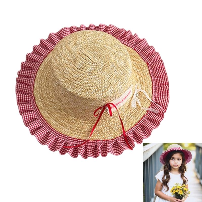 Kids Outdoor Fisherman Hat Trendy Checkered Wide Brimmed Sun Hat Adjustable Size Lovely Bowknot Accent for Summer