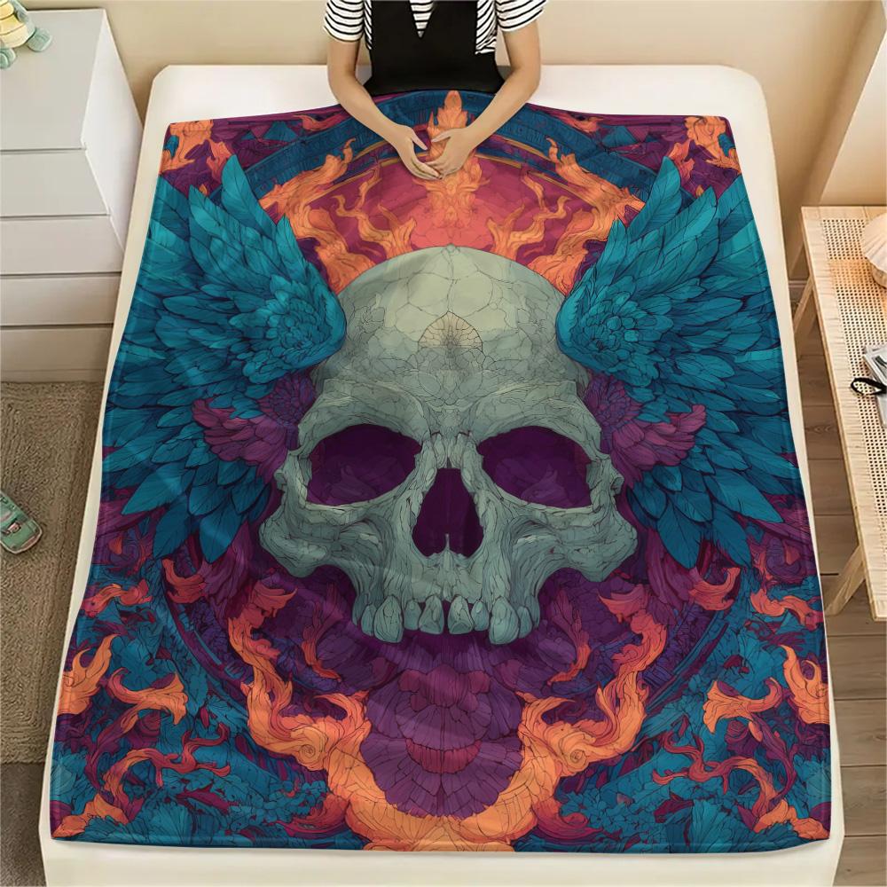 Winged Skull Print Flannel Blanket, High Quality Comfortable for All Seasons, Home Decor, Warmth and Comfort