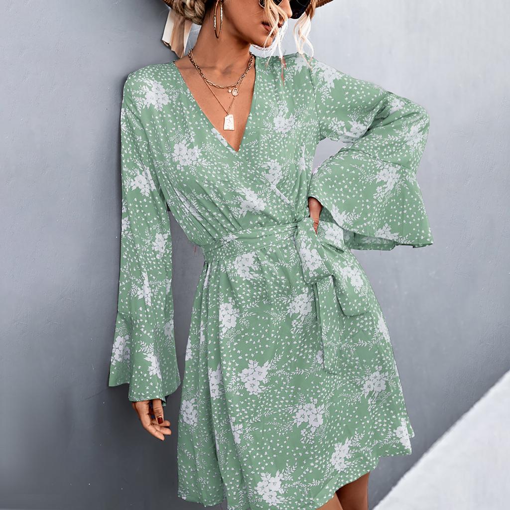 Women's Boho Print Lace-Up V-Neck Long Sleeve Dress