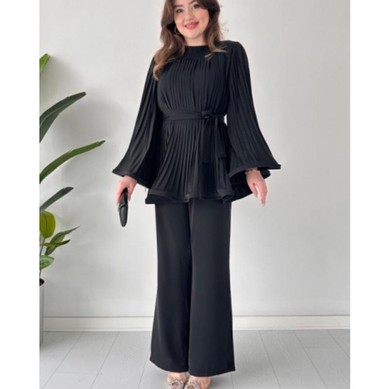 Nuovo Set Moda Donna 2024: Top Pieghettato con Lacci e Pantaloni a Gamba Larga