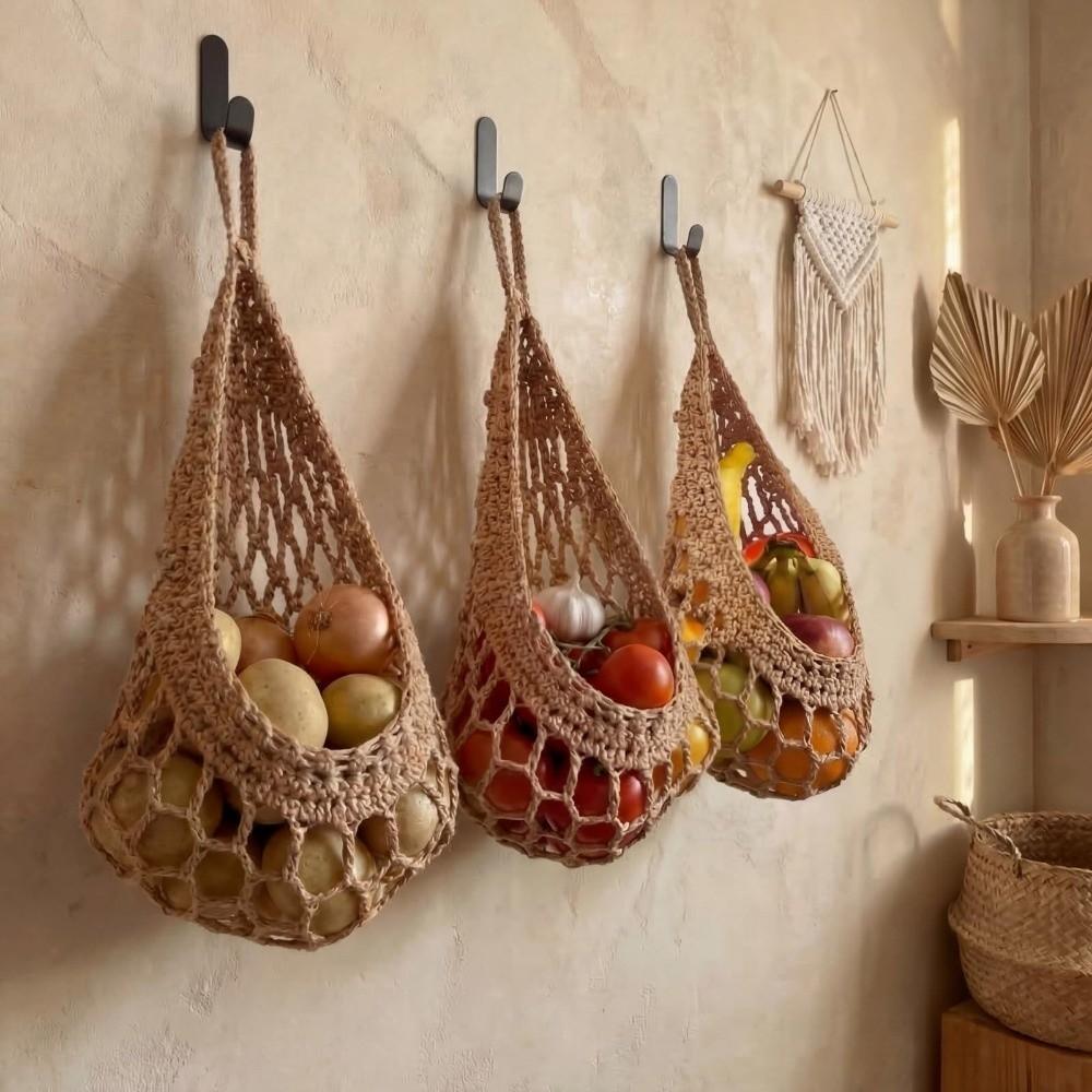 3Pcs/Set Teardrop Shape Wall Hanging Basket Breathable Lattice Vegetable Woven Basket Living Room