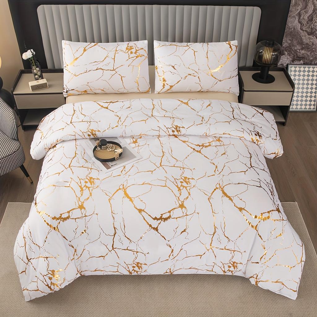 3Pcs Modern Simple Bedding Set Solid Color Pink/Grey/Green/Blue/Purple Marble Pattern Hot Stamping/Silvery Duvet Cover Set