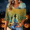 Women's V-Neck Halloween Print Lightweight Top for Spring and Summer