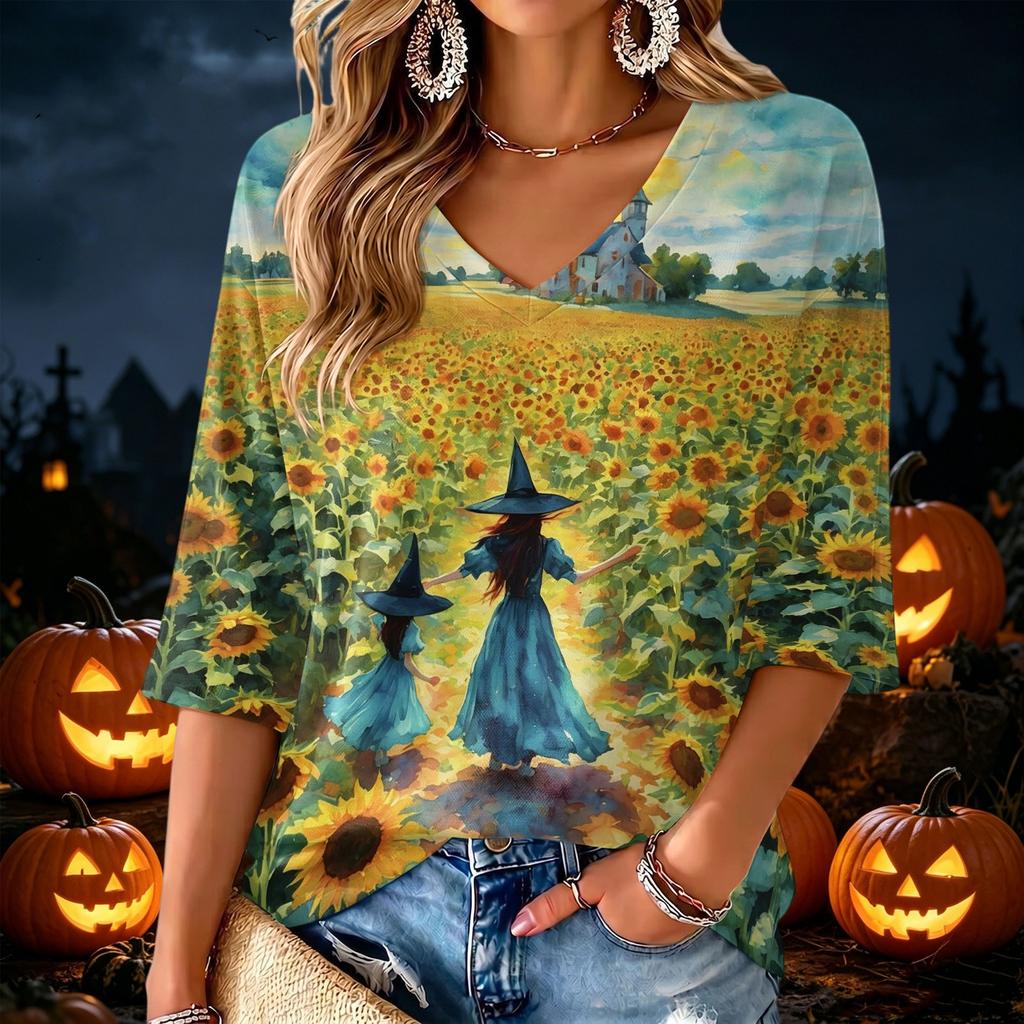 Women's V-Neck Halloween Print Lightweight Top for Spring and Summer