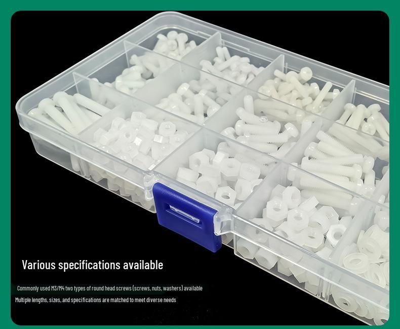 Round Head M3 M4 Nylon Screw Set with Nuts & Washers, Corrosion-Resistant, Insulating, White Plastic Box