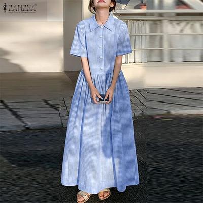 Women Casual Turn Down Collar Short Sleeve Plaid Print Long Dress