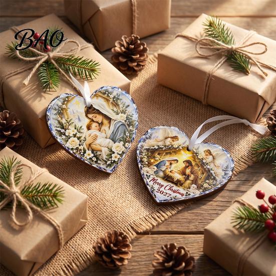 Heart Shaped Nativity Pendants Wooden Hanging Ornament for Christmas Tree Decorations, Retro Religious Ornaments Scene Garland Decoration Holiday Home