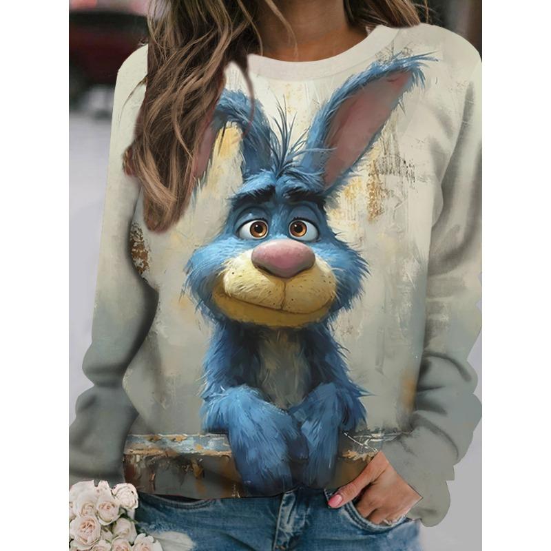 Women's Long-Sleeved T-Shirt for Fall Outdoor Casual Long-Sleeved Top Cartoon Funny Rabbit Print OverSize Women's Clothing