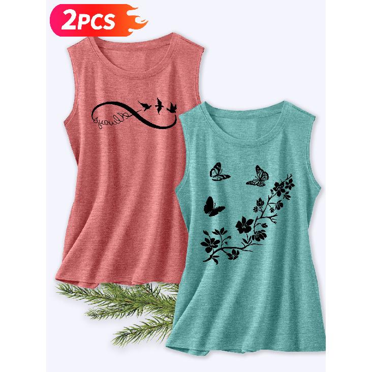 Follow a Specific Direction Two-piece Women's Tank Top with Butterfly and Floral Print Elegant Summer Party Outfits Sleeveless Vest Essential Fashion