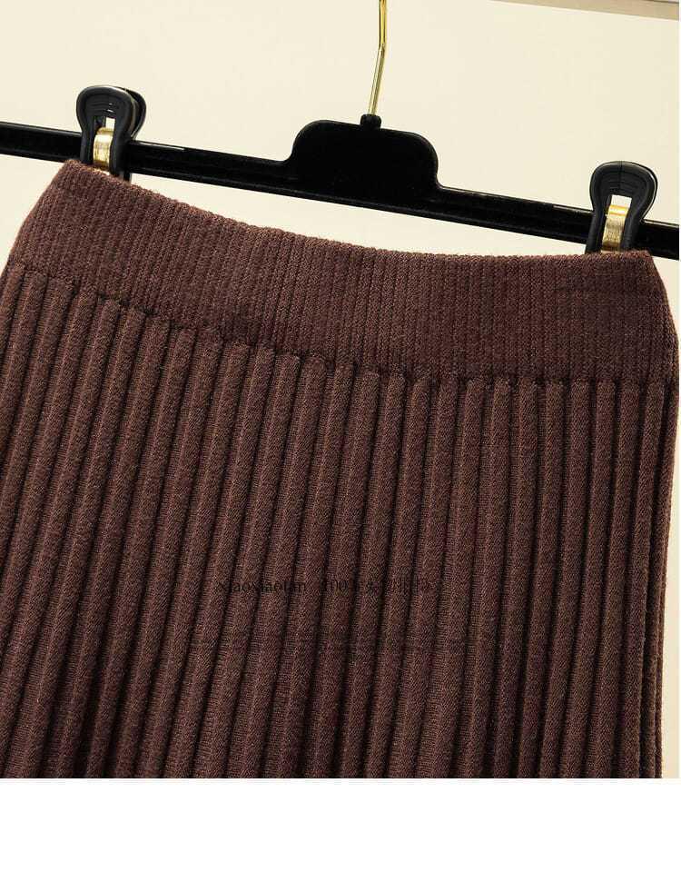 Women's High Waist Wool Knit A-Line Pleated Midi Skirt - Autumn/Winter Slimming Umbrella Hem