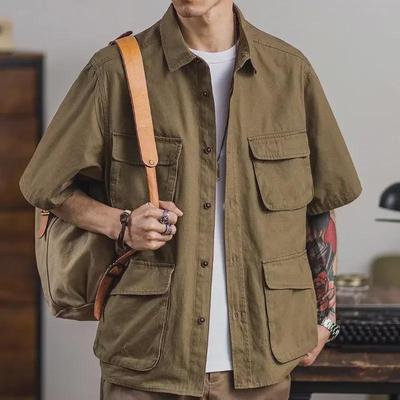 Khaki Short-Sleeve Retro Work Shirt with Multiple Pockets - Trendy Men's Summer Wear