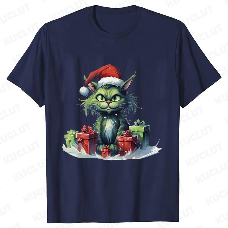 New Year Short Sleeve Tshirt Cute Cat Print Tops Fashion Xmas Unisex Tees Shirt Trend Graphic Christmas Male Oversized Clothing