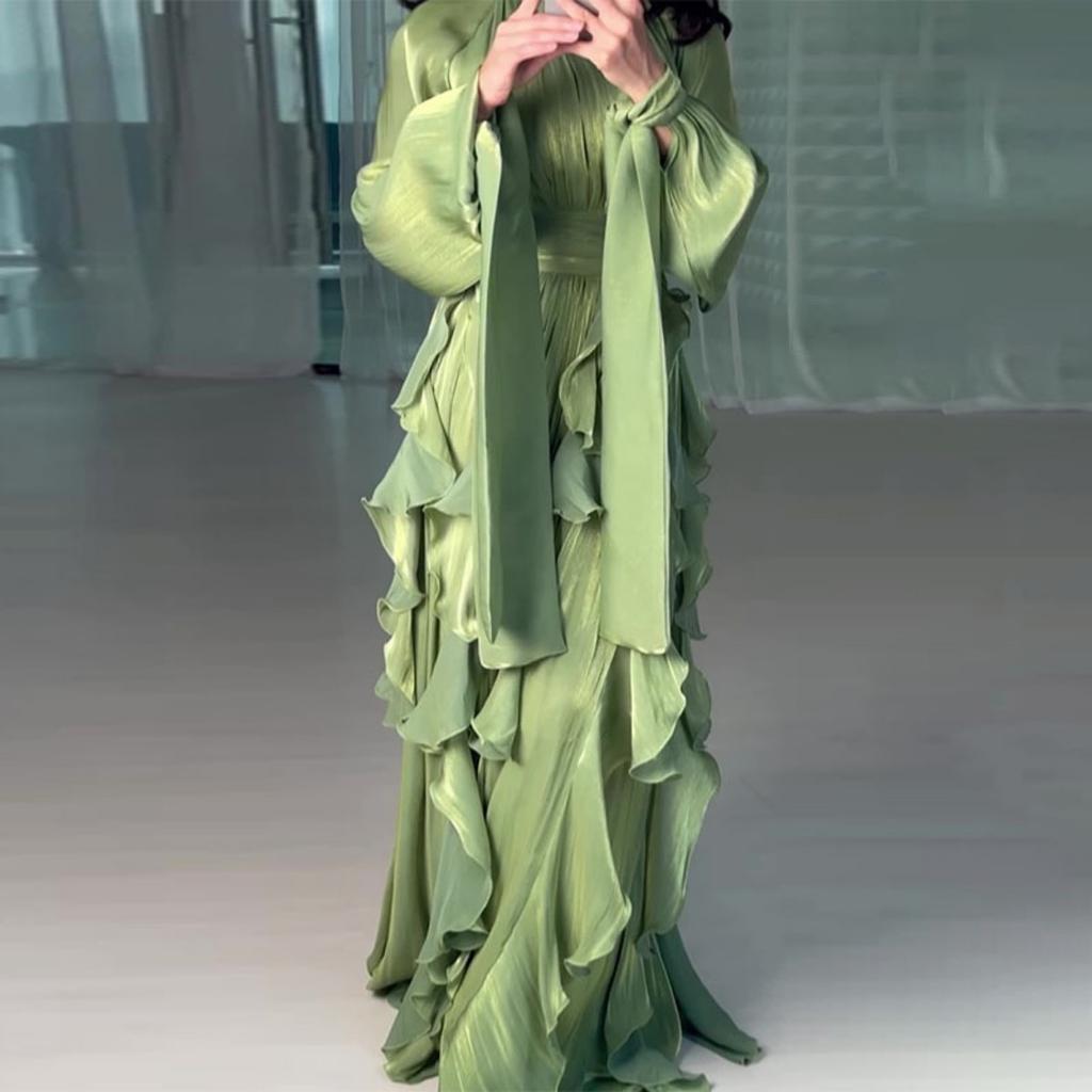 LYRIA Shinny Ruffles Hem Maxi Dress A Line Long Sleeve Slim Fit Party Long Robes Lace Up Luxury Club Vestidos Lady Gowns