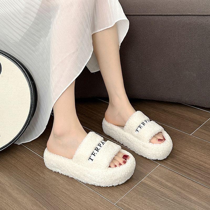 High-heeled Thick-soled Fluffy Slippers for Women's Outerwear 2025 Autumn New Versatile Height Increase Internet Celebrity Versatile Casual One-word
