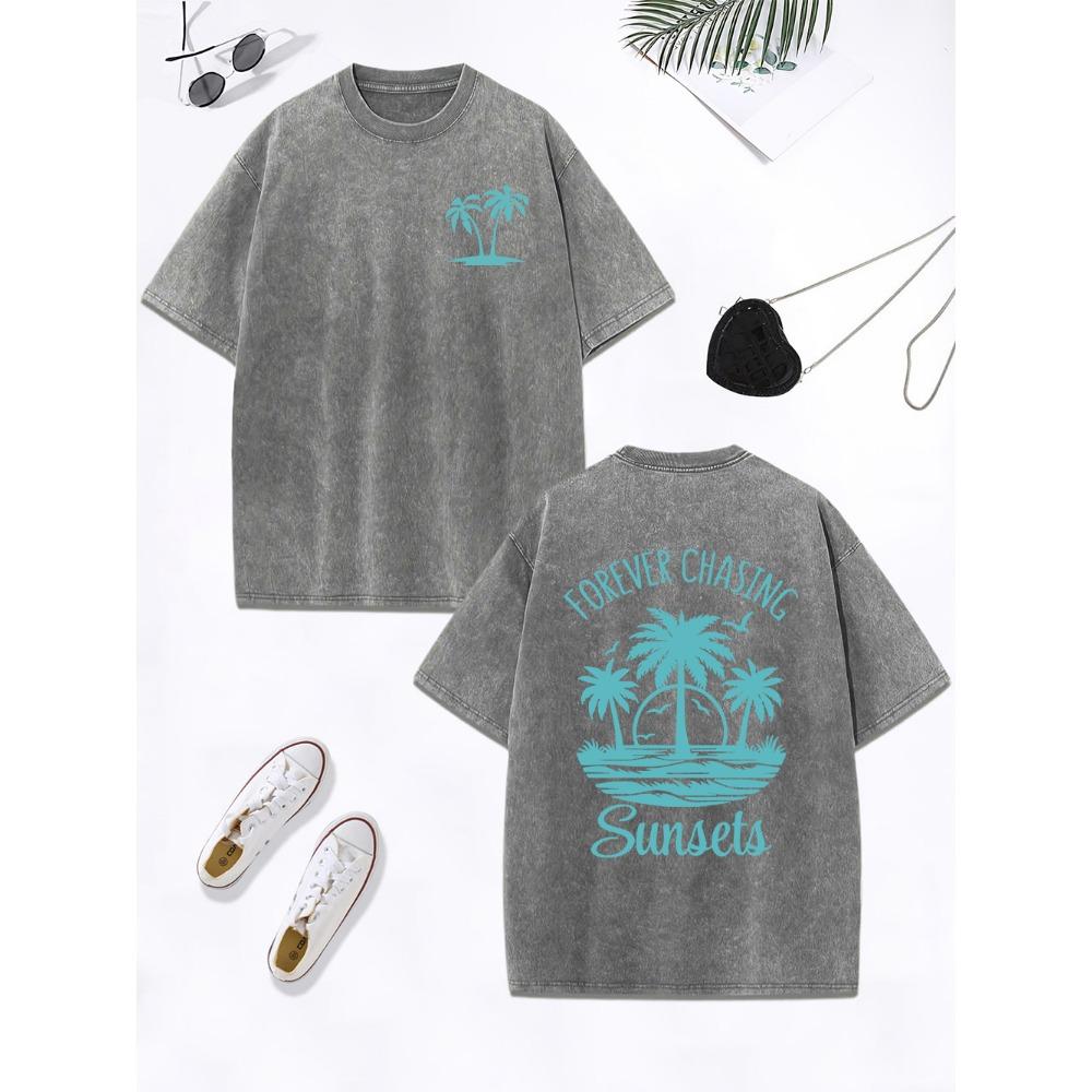 Für immer Sonnenuntergängen hinterherjagen Stranddrucke Gewaschenes T-Shirt Damen Baumwolle Oversize Oberteile Street Retro O-Ausschnitt T-Shirt Kleidung