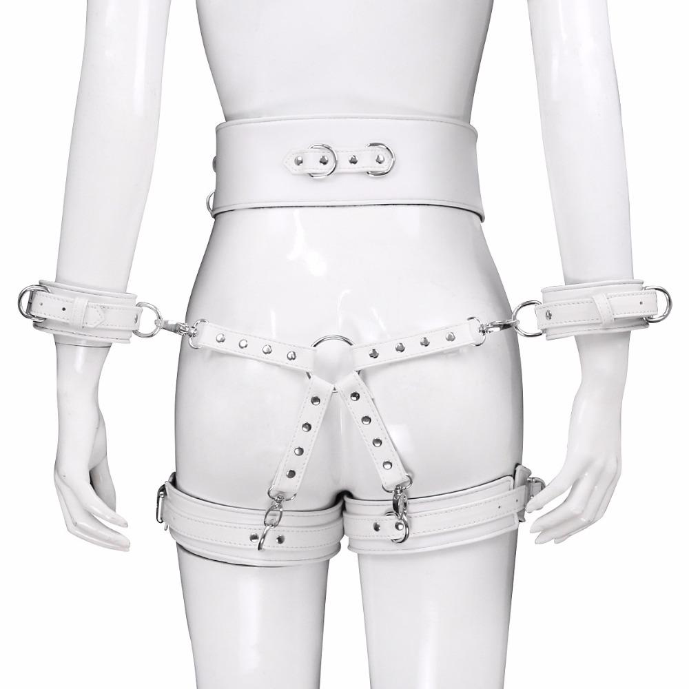 Bundle set includes waist belt, wrist and thigh covers, cross buckle, adult game restraint device, handcuffs, leg covers, and sex toys