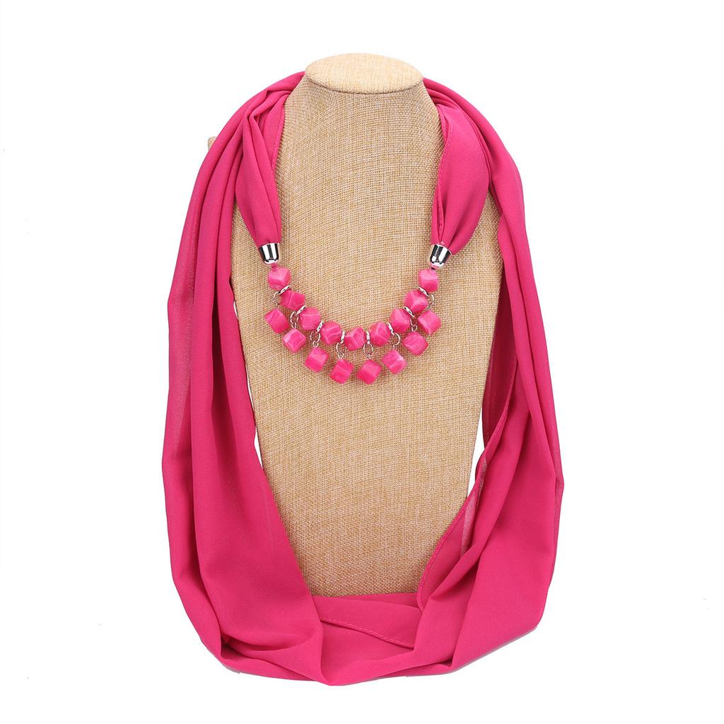 Bold Red Chiffon Scarf Necklace with Cubic Beads – Fashionable Infinity Scarf for Women, Statement Jewelry Accessory