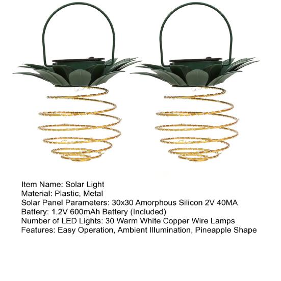 2Pcs Solar Light Pineapple Shape Outdoor Hanging Lanterns 60LED Energy Saving Solar Lights Landscape Pathway Patio Decor