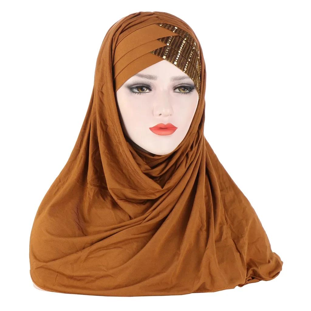 Sofort-Hijab Jersey-Hijabs Für Frauen Kreuz Stirn Pailletten-Turban Muslimische Frauen Hijab-Schal Türkischer Baumwoll-Hijab Für Frauen