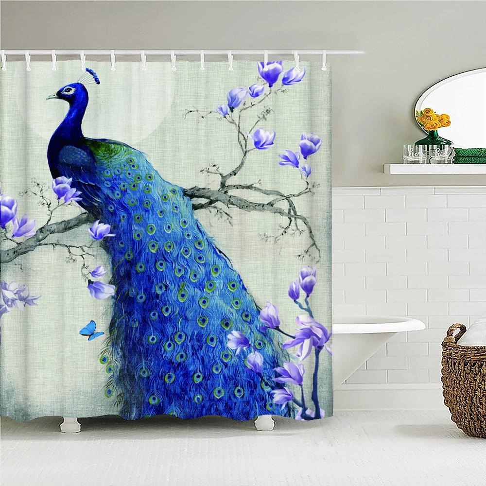 Peacocks Shower Curtains Chinese Birds Feather Bathroom Curtains Retro Flower Waterproof Polyester Bathtub Screen With Hooks