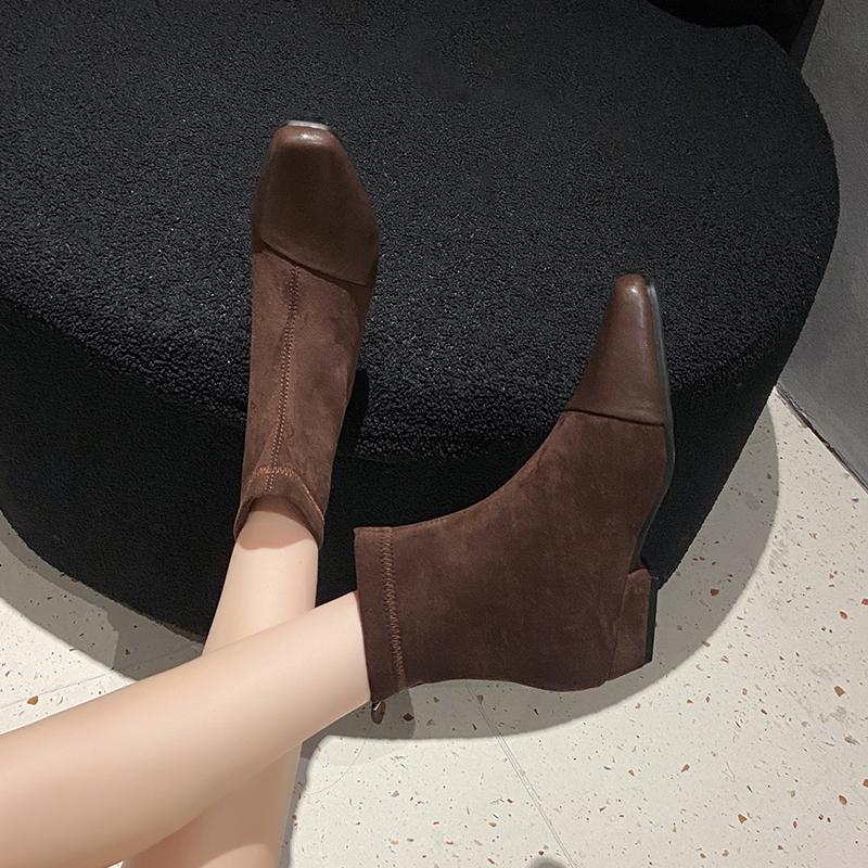 Fashion Spliced Suede Low Heel Single Shoes Fall New Square Toe Rear Zip Anti-Slip Wear-Resistant Shoe