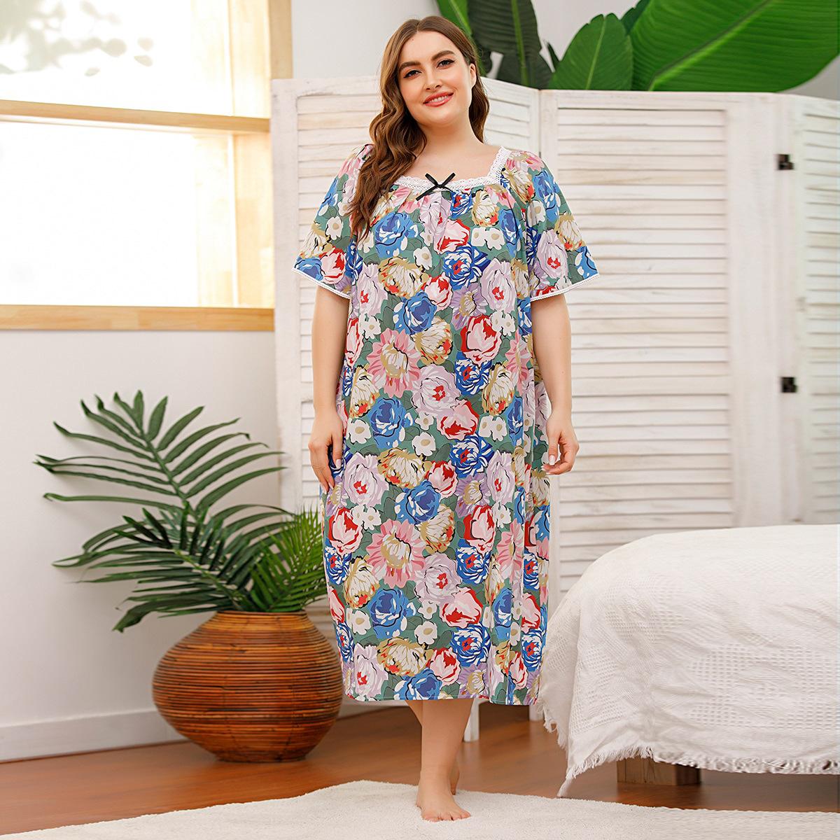 

Летняя ночная рубашка для полных женщин с короткими рукавами, кружевная строчка, стрейч-принт, домашняя пижама для женщин L