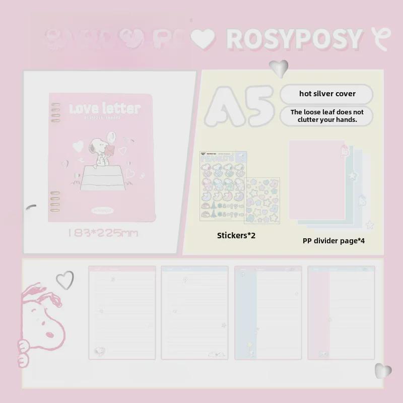 RosyPosy Snoopy Softcover Notebook: Cream Loose-Leaf with Colorful Pages, Stickers, and Horizontal Lines.