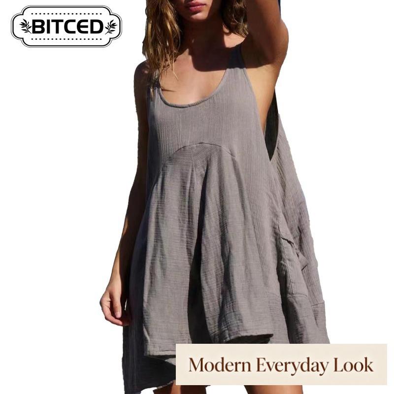 BITCED Women's Fashion Summer Spring Solid Color Print O-Neck Sleeveless Casual Dresses