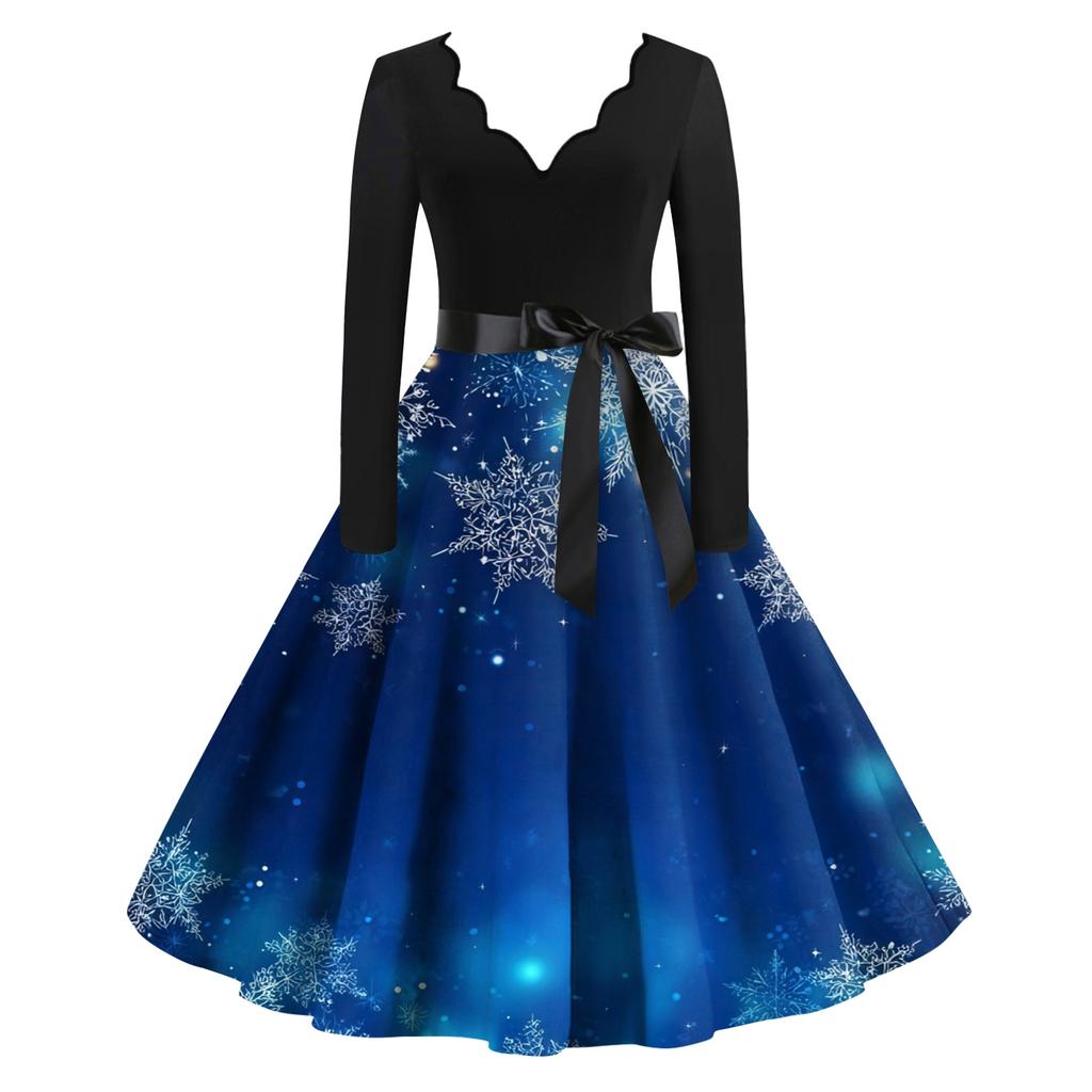 Damen Lässig Und Modisch V-Ausschnitt Langärmlig Weihnachten Bedrucktes Kleid