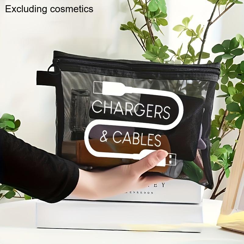 

Large Capacity Nylon Makeup Bag with Charging Cable Print - Portable Travel Toiletry Organizer,Ins-Style Layered Cosmetic Case