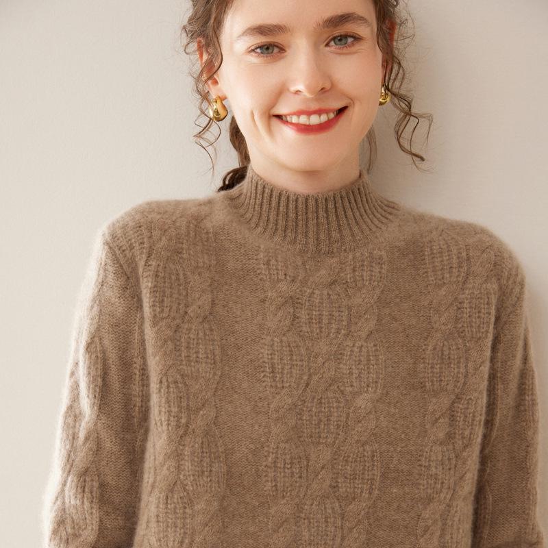 Women's Heavyweight Cashmere Jacquard Sweater - Thick Half-High Neck, Long Sleeve, Winter Knit Pullover