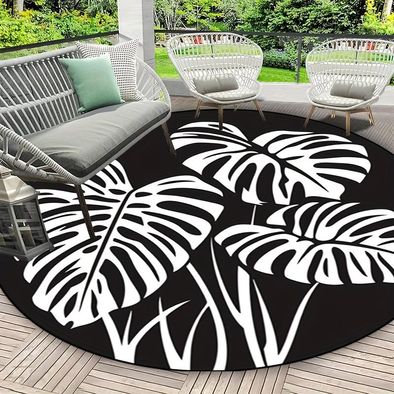 1pc Non-slip Round Mat - Machine Washable, Black with White Tropical Leaves Pattern, Suitable for Living Room, Bedroom