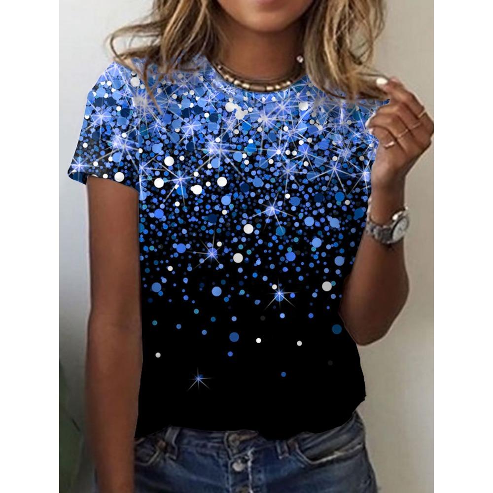Letni damski top z krótkim rękawem z nadrukiem 3D w kwiatowy wzór z gradientem, modny T-shirt z dekoltem O, kwiatowa tekstura
