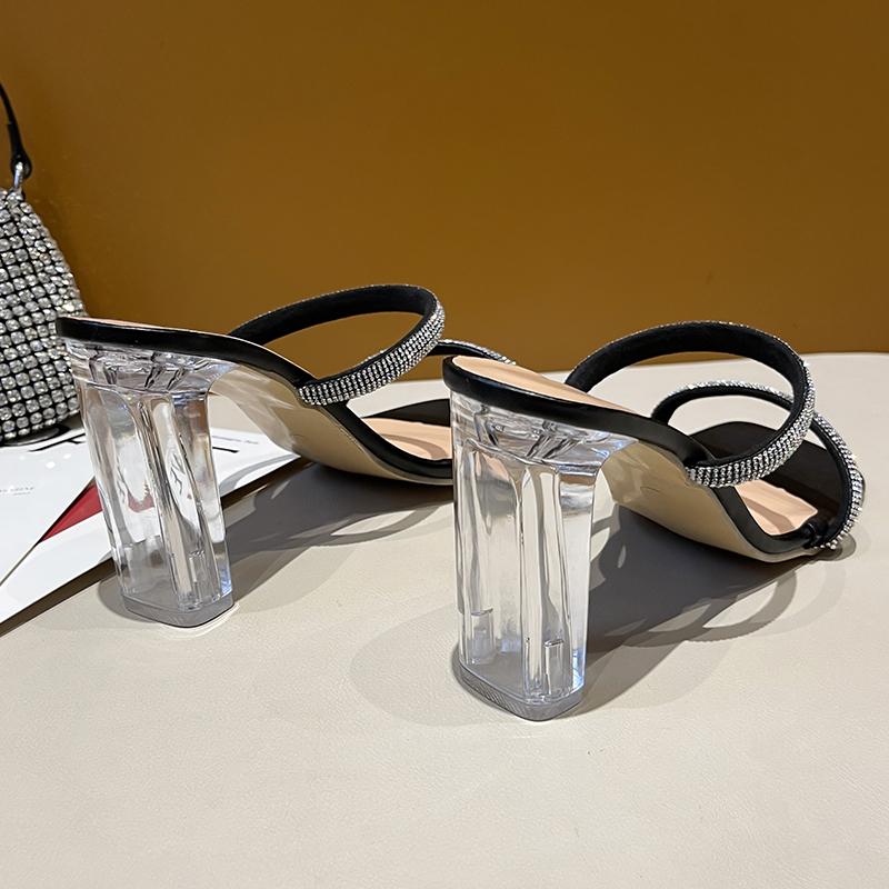 Summer 2024 New Woman's Summer High Heel Slippers Crystal Rhinestone Fashion Party Shoes Open Toe Slip On Slippers Silver